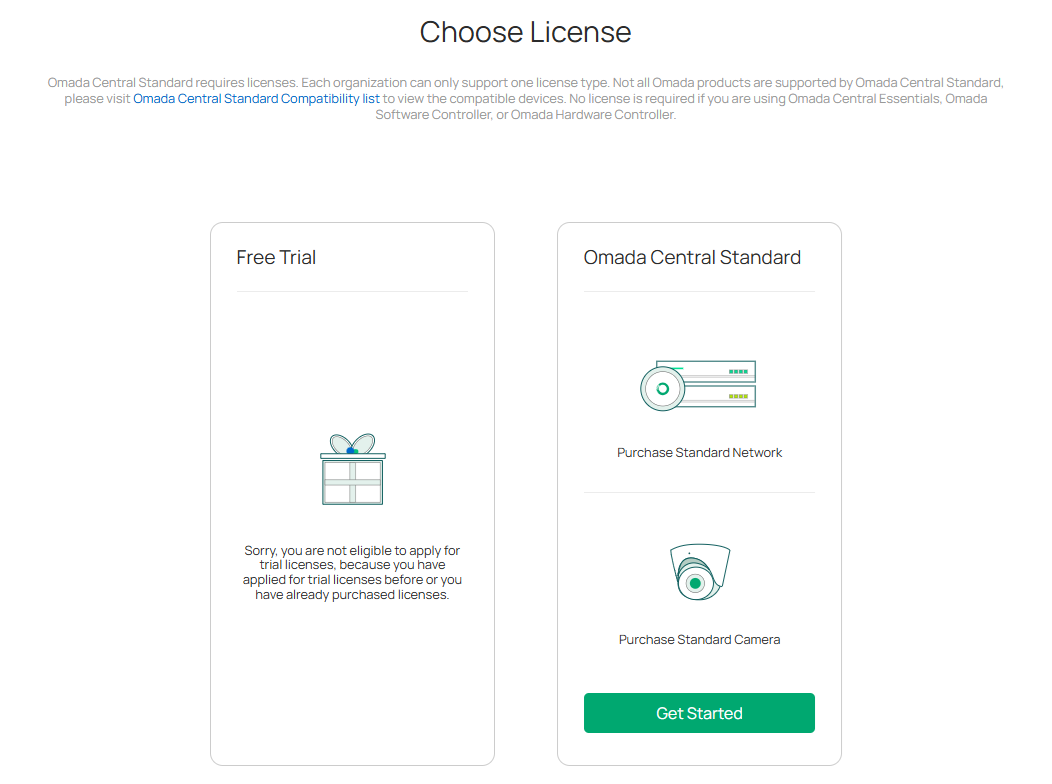 the page of selecting license. Users can apply for free trial or select network or camera licenses