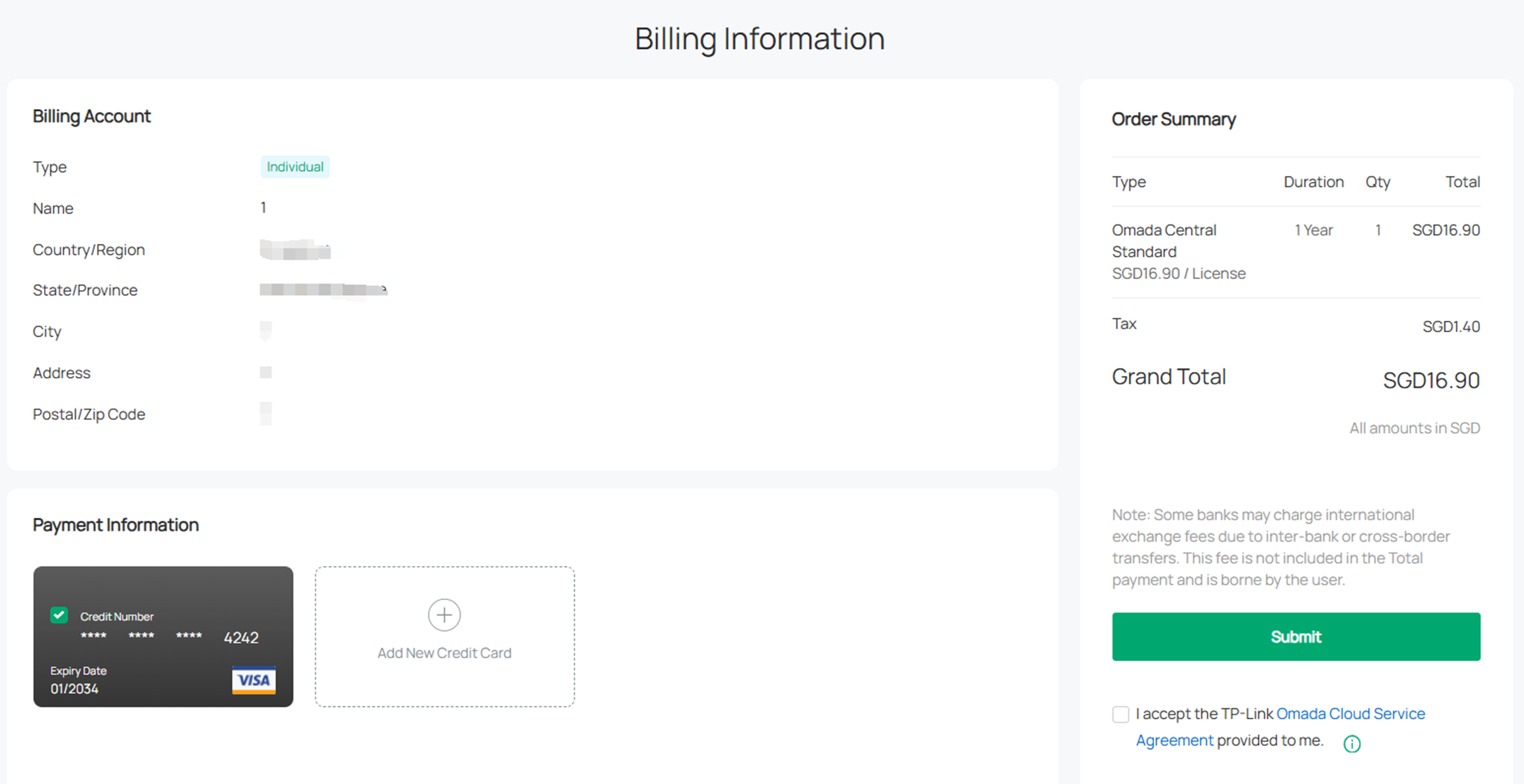 The conclusion of billing information, including account and credit card number