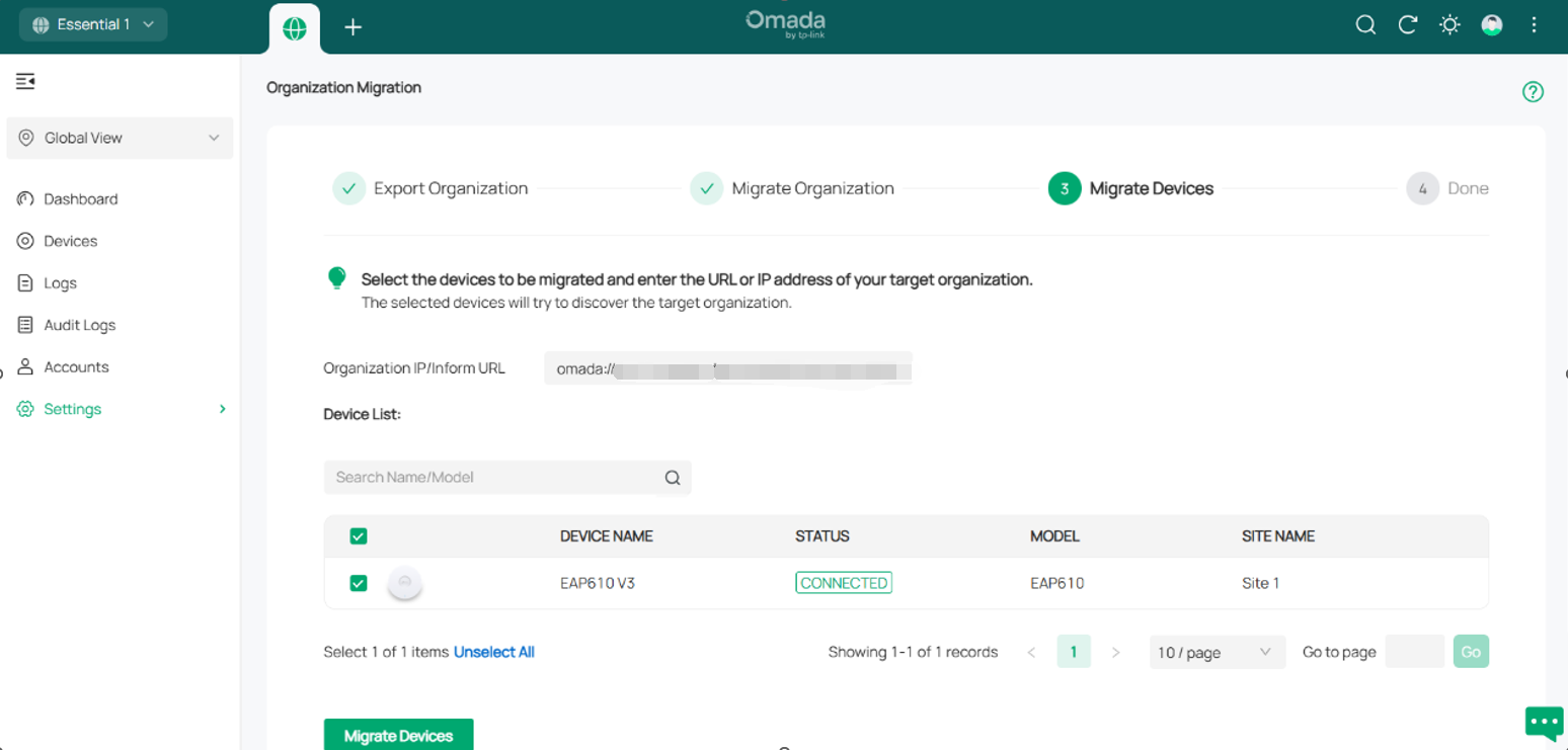 Alt text：Configuration page of Migration step. 3, where you could input target controller’s IP address or inform URL, and select devices to be migrated. With a button “Migrate device” to start device migration.
