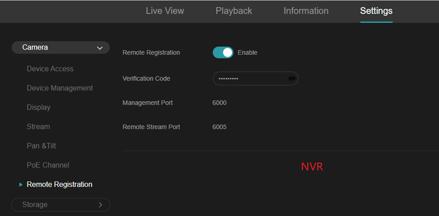 Alt-text: Enable the Remote Registration feature and configure the verification code on the NVR web.