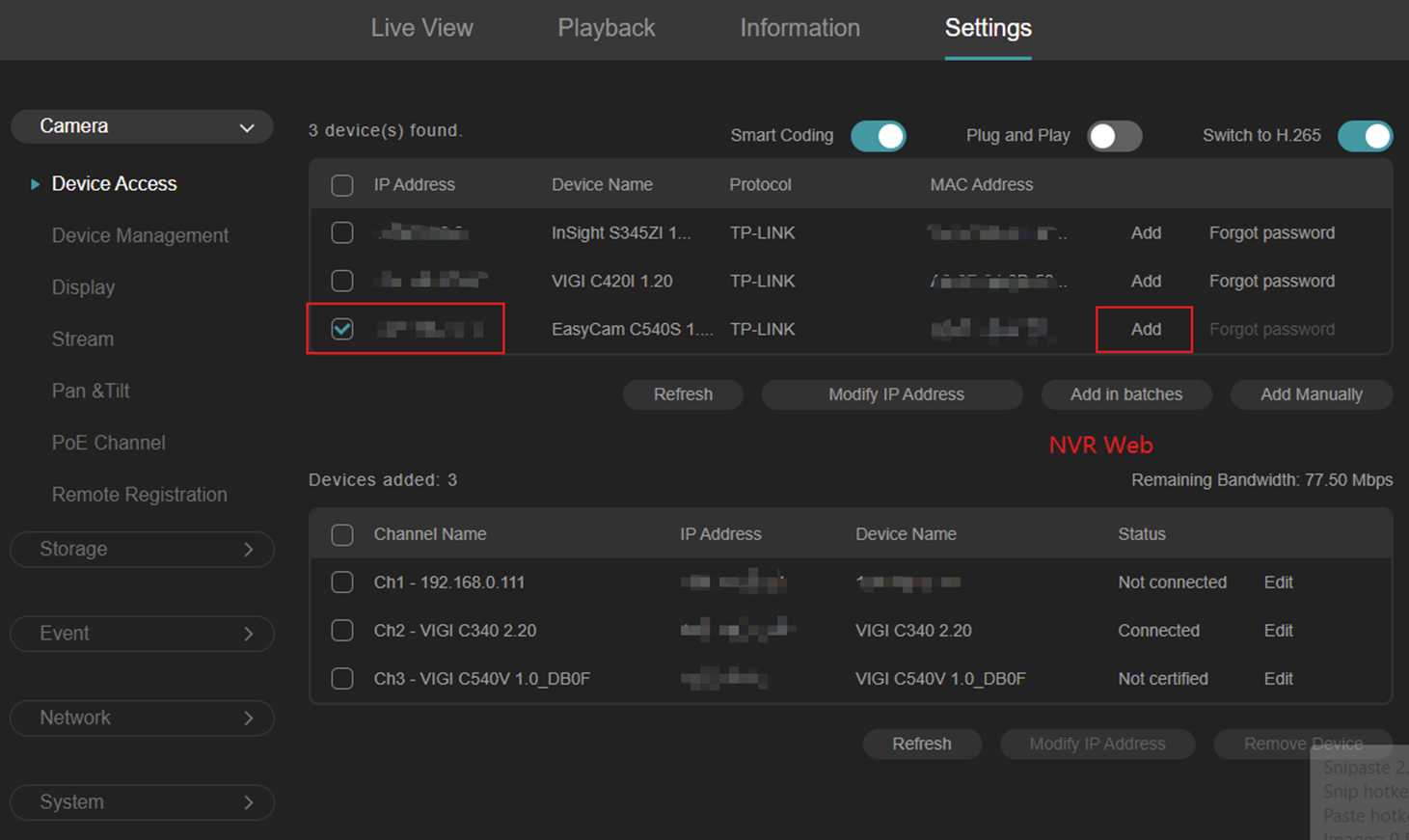 Alt-text: For non-first-time additions after removing the device, scan for the remote IPCs in the NVR interface.