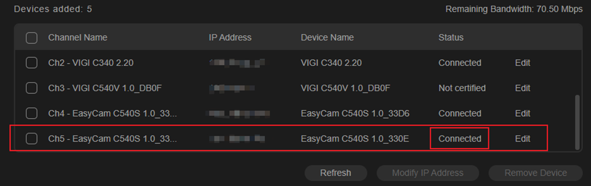 Alt-text: The IPC’s status changes to ‘connected’ in the Device added list.