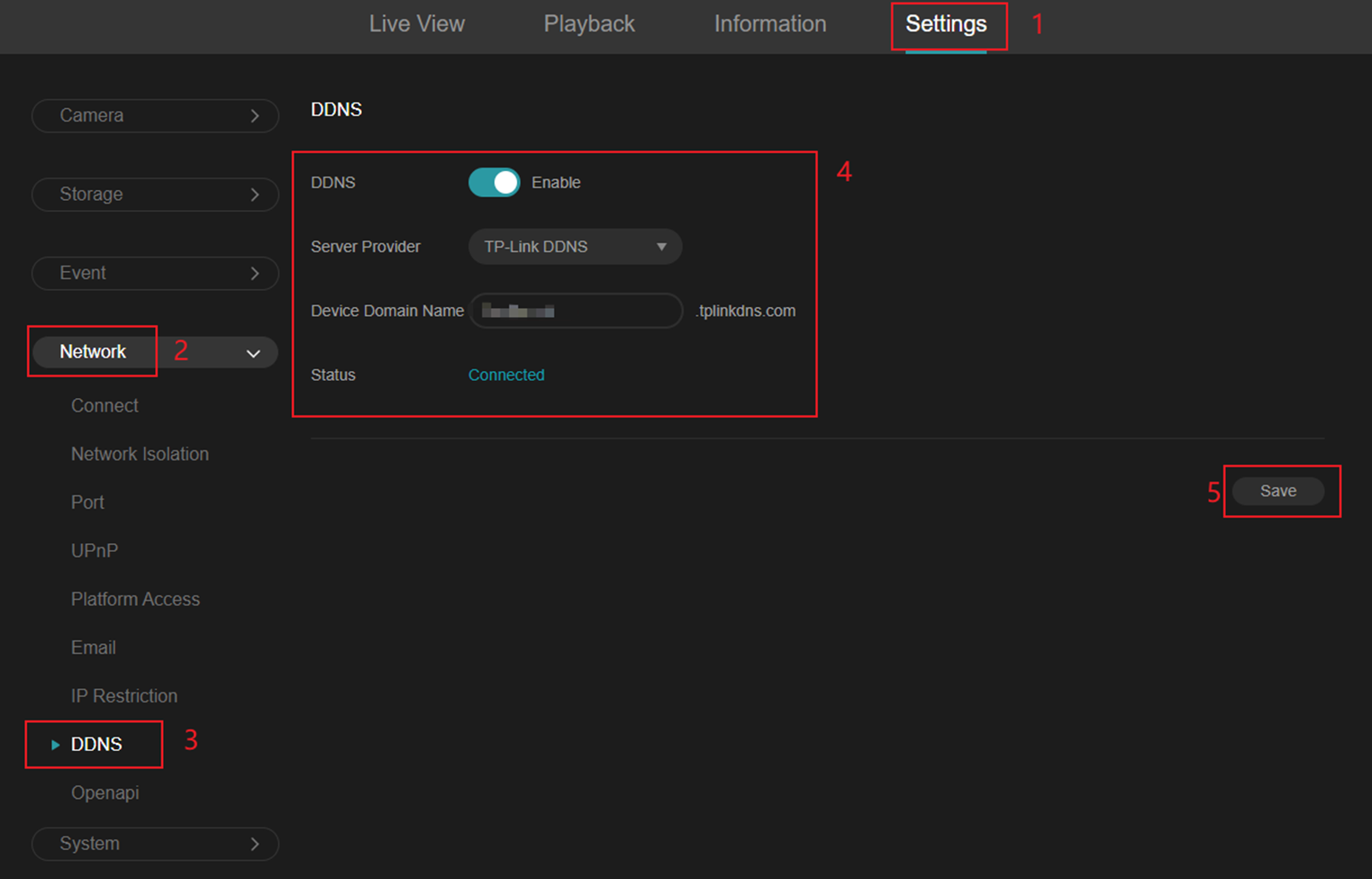 Alt-text: Go to Settings > Network > DDNS and configure the DDNS information.