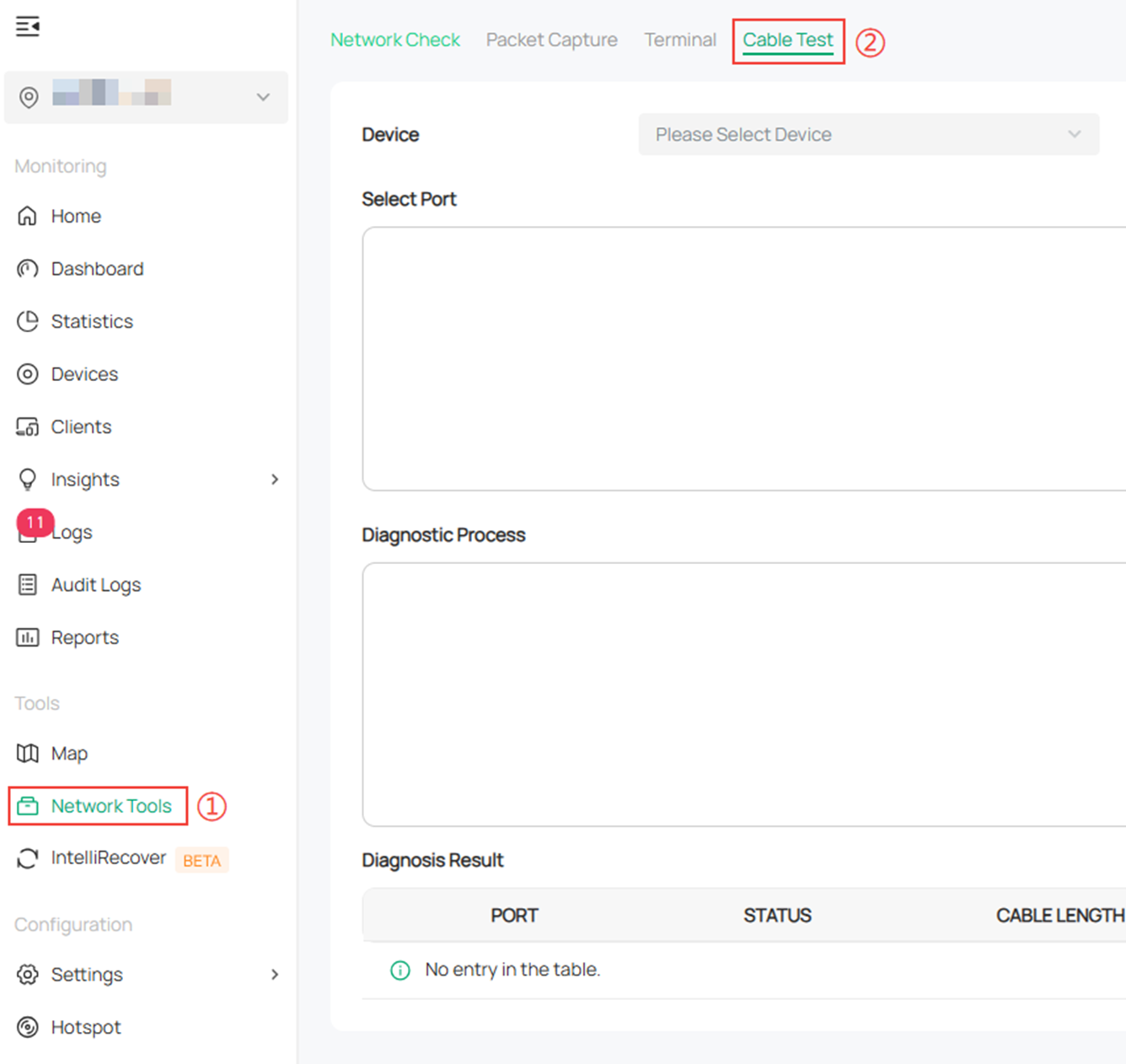 Alt text: Enter Cable Test from the left-side tab bar.