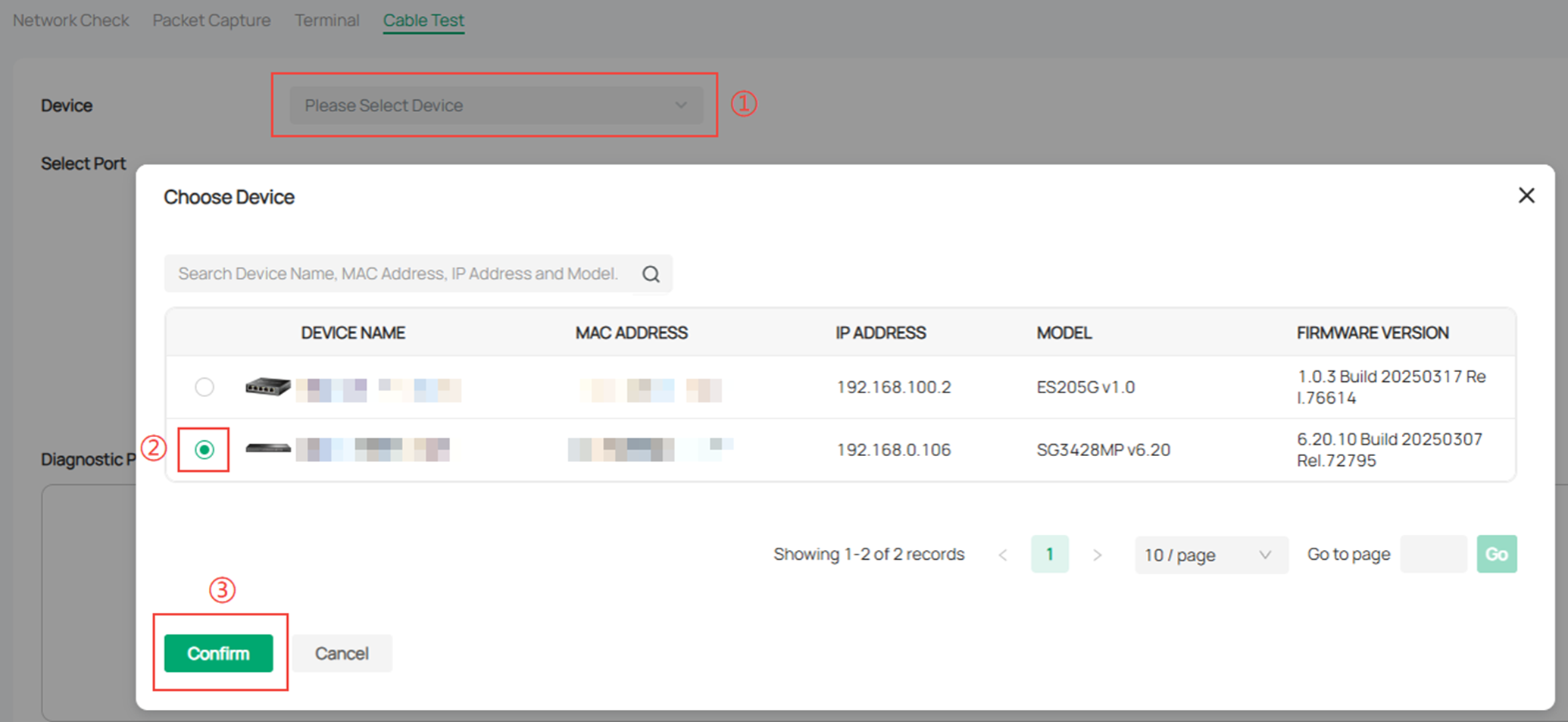 Alt text: Select the device that needs cable diagnosis.