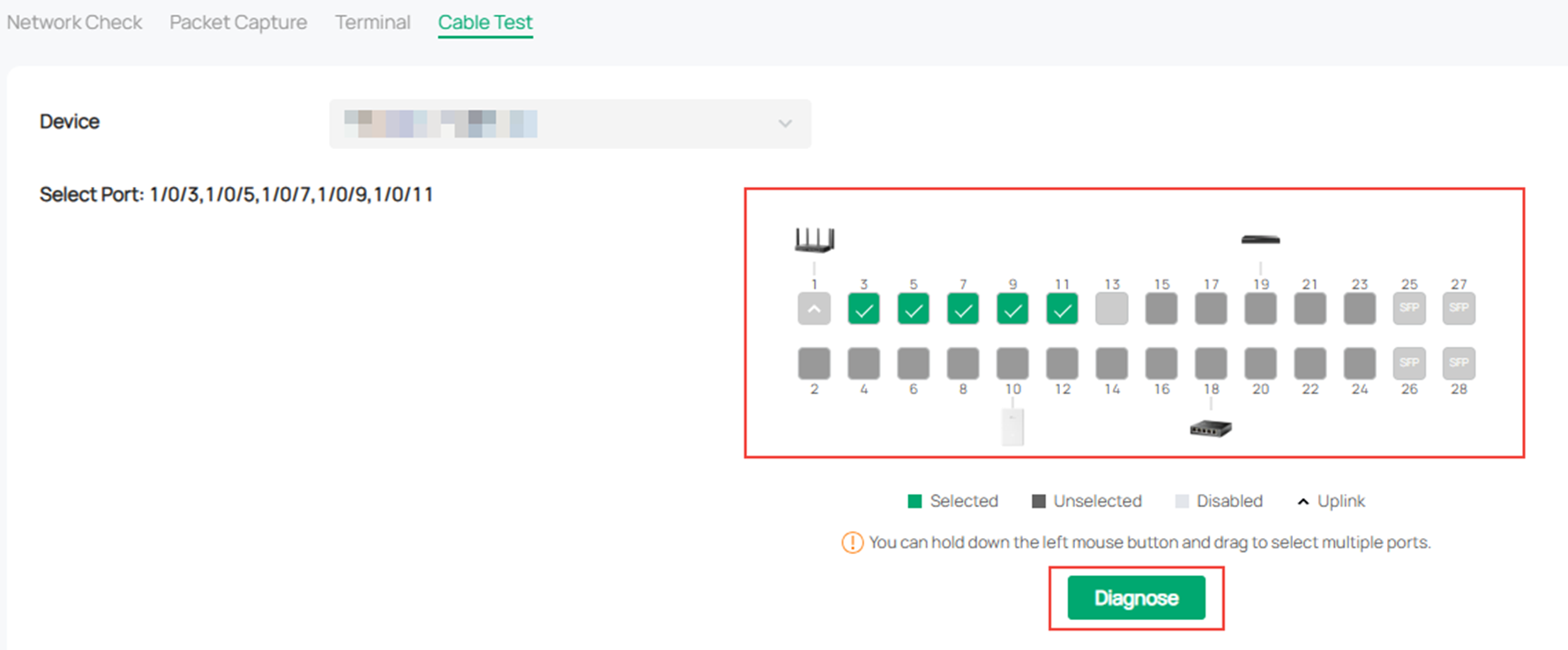 Alt text: Select the port on the device for cable diagnosis and start the process.