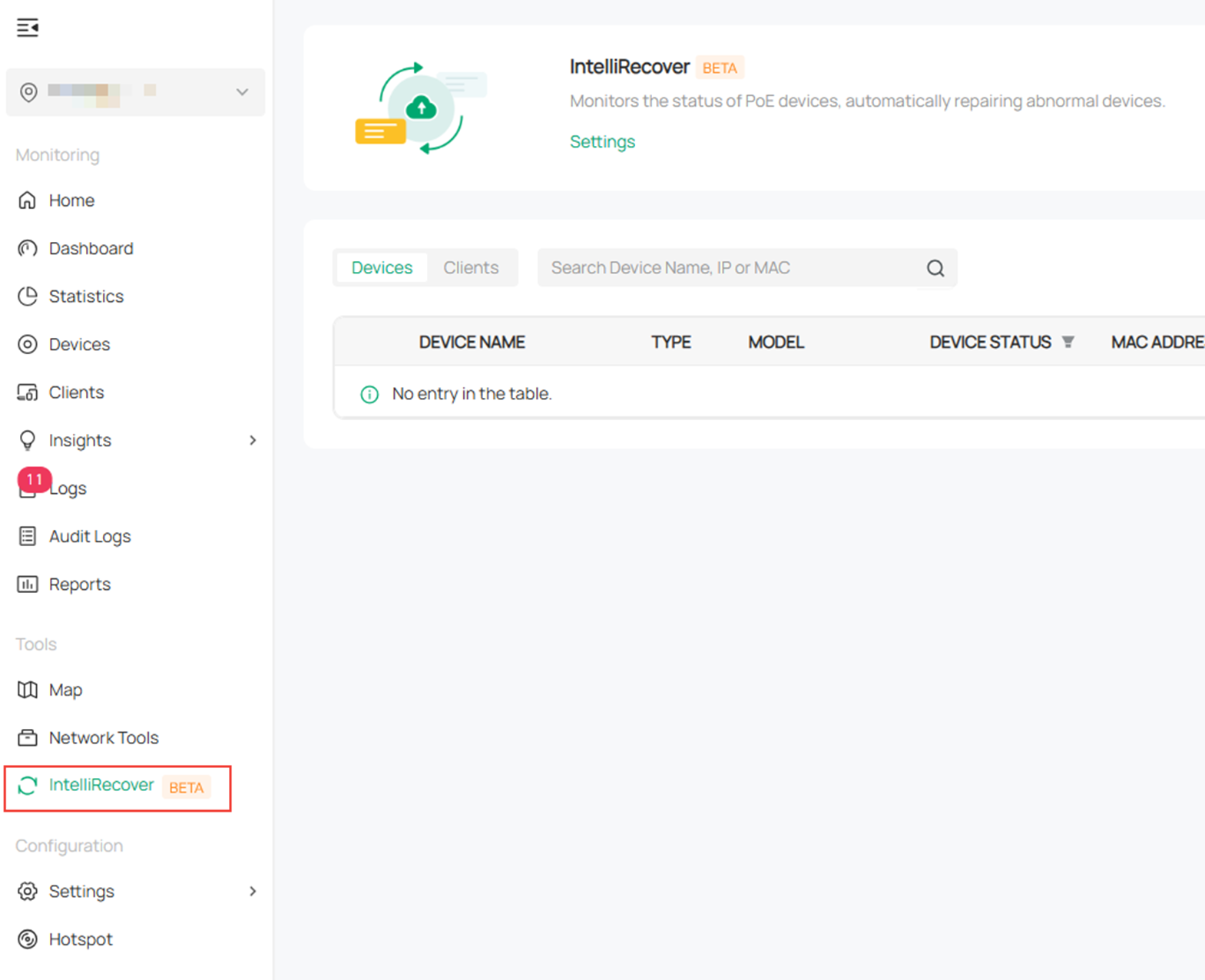 Alt text: Enter IntelliRecover from the left-side tab bar.