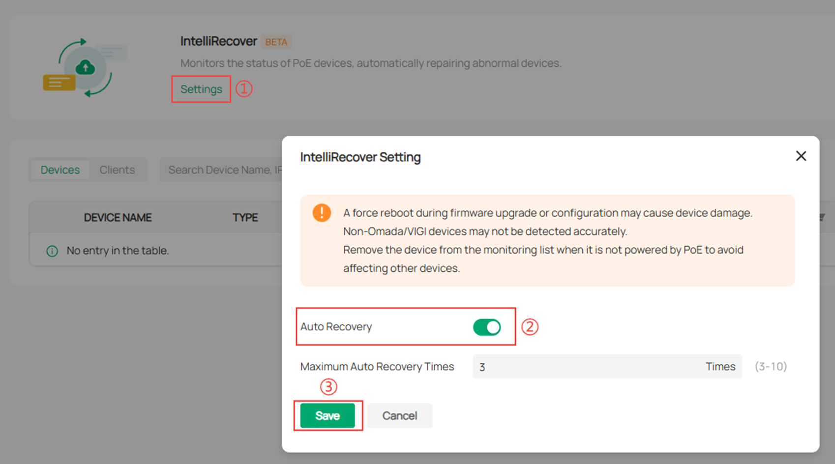Alt text: Enable auto recovery and set the maximum recovery times.