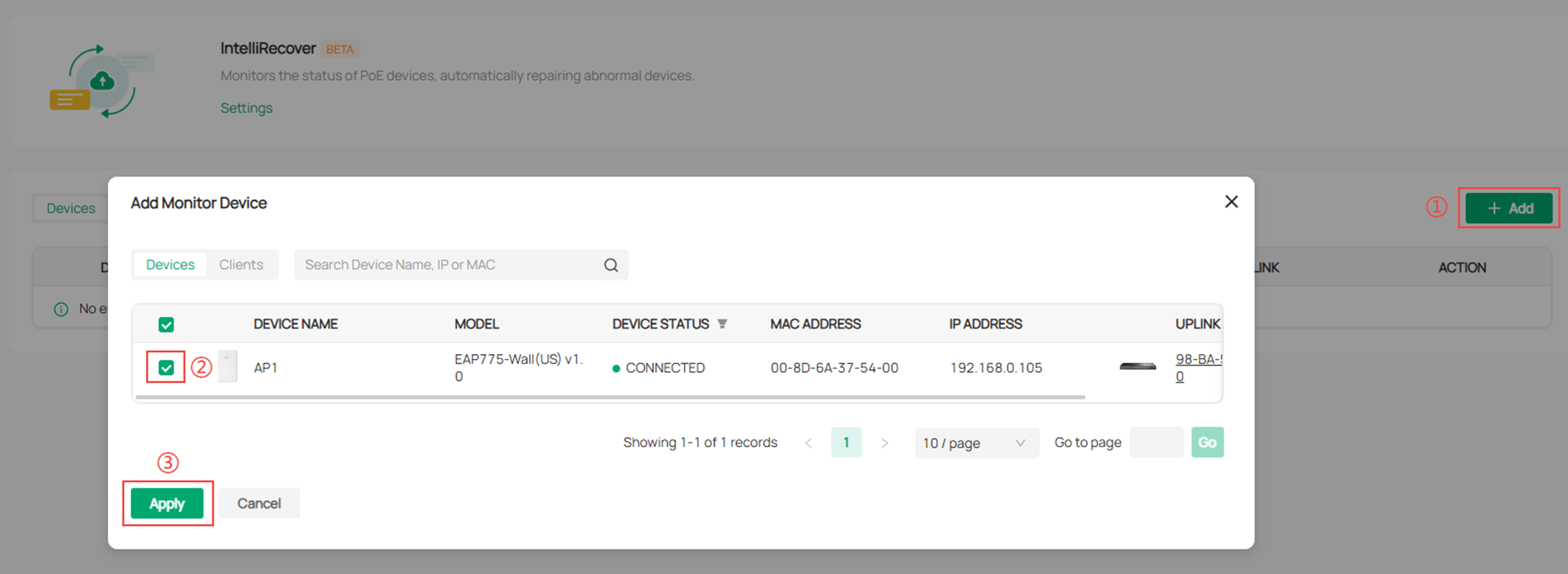 Alt text: Select the device or client to configure IntelliRecover.