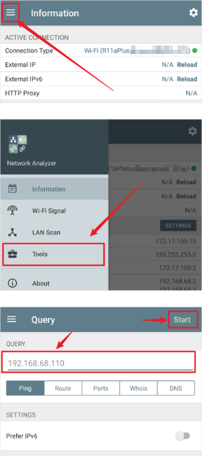 Ping IP address in Network Analyzer app.