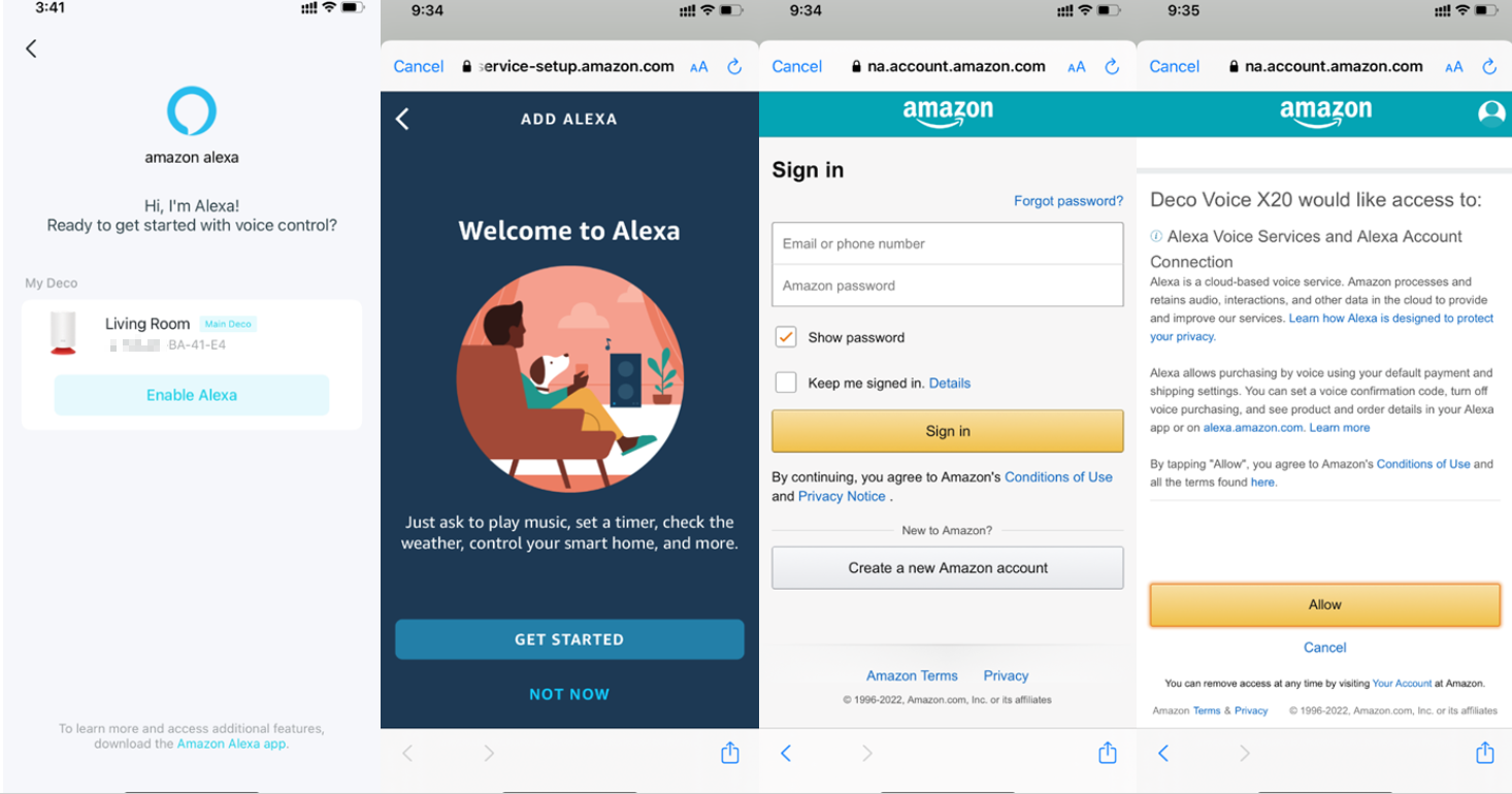 Sign in to Amazon account to enable Alexa on a Deco.