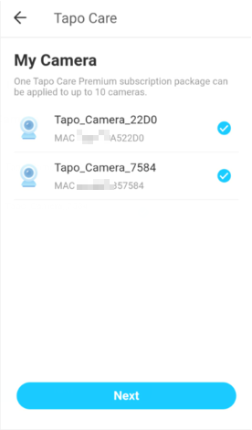 Select desired Camera for Tapo Care.