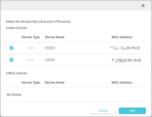Add device to access VPN server.