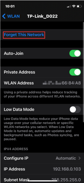 On existing Wi-Fi detail page, click "Forget This Network".