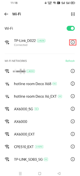 Click Info icon for specific Wi-Fi details.
