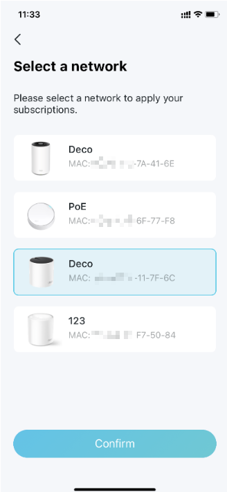 Select a network to apply subscriptions.