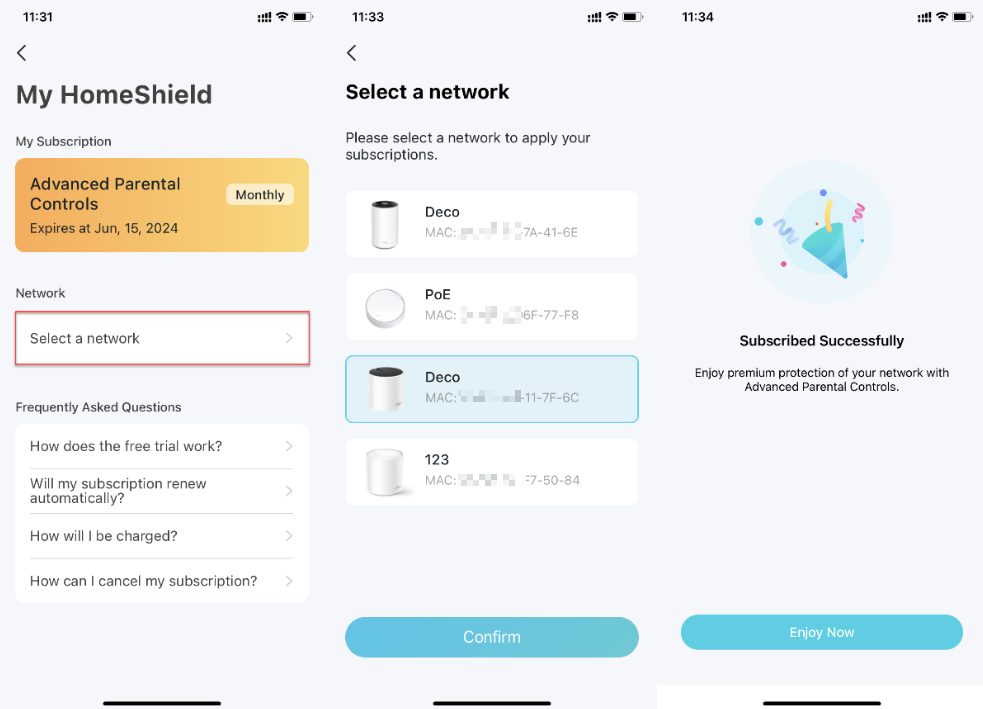 Select a Deco network to apply subscription.