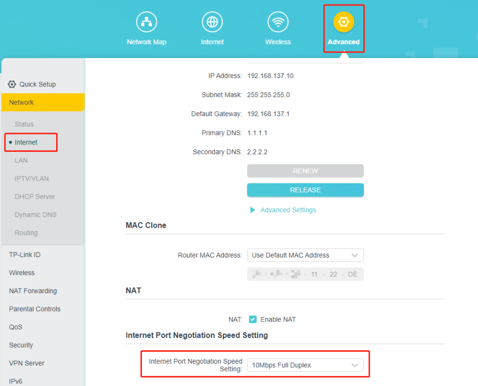 Force the internet port negotiated speed to 100Mbps full duplex on web interface via Advanced > Internet > “Internet Port Negotiation Speed Setting”, 