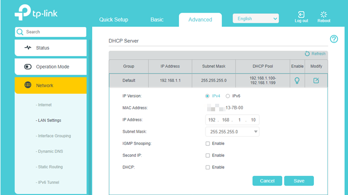 Modify DHCP server settings.
