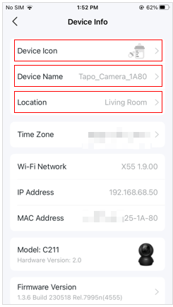 Change device icon, device name and location on Device Info page.
