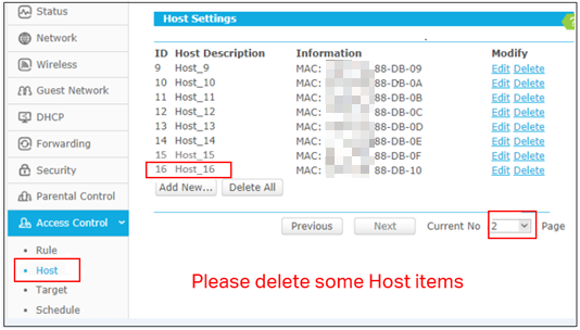Host settings device list.