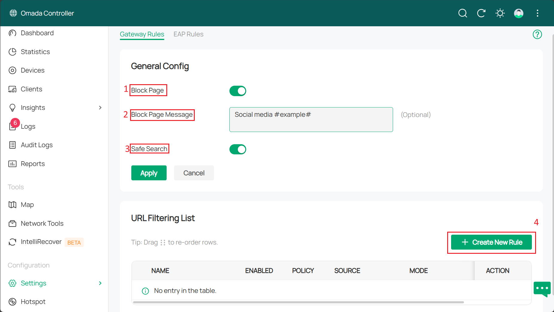 Alt text: The location where relevant global settings are enabled and new rules are generated.