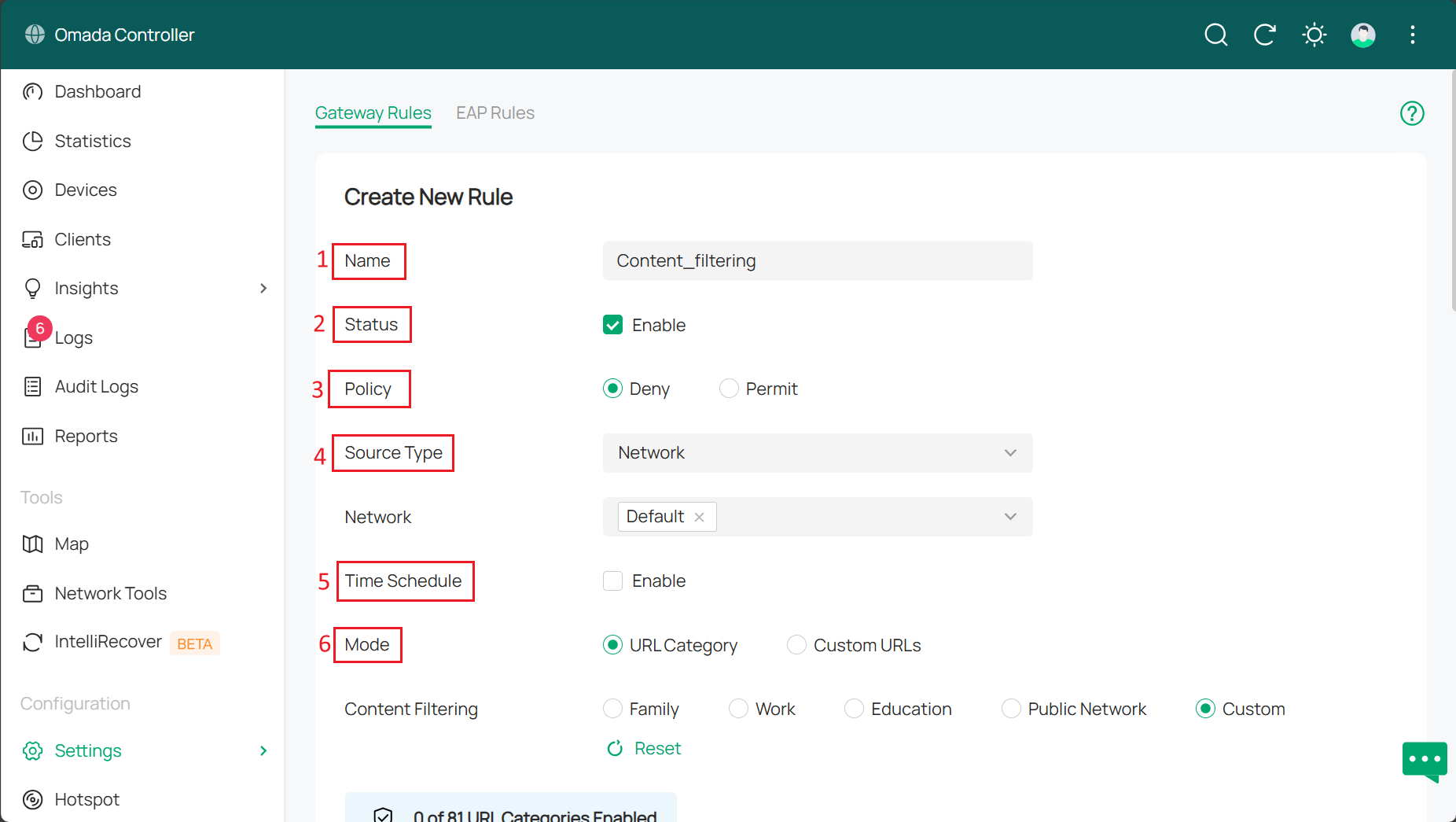 Alt text: The location where relevant global settings are enabled and new rules are generated.