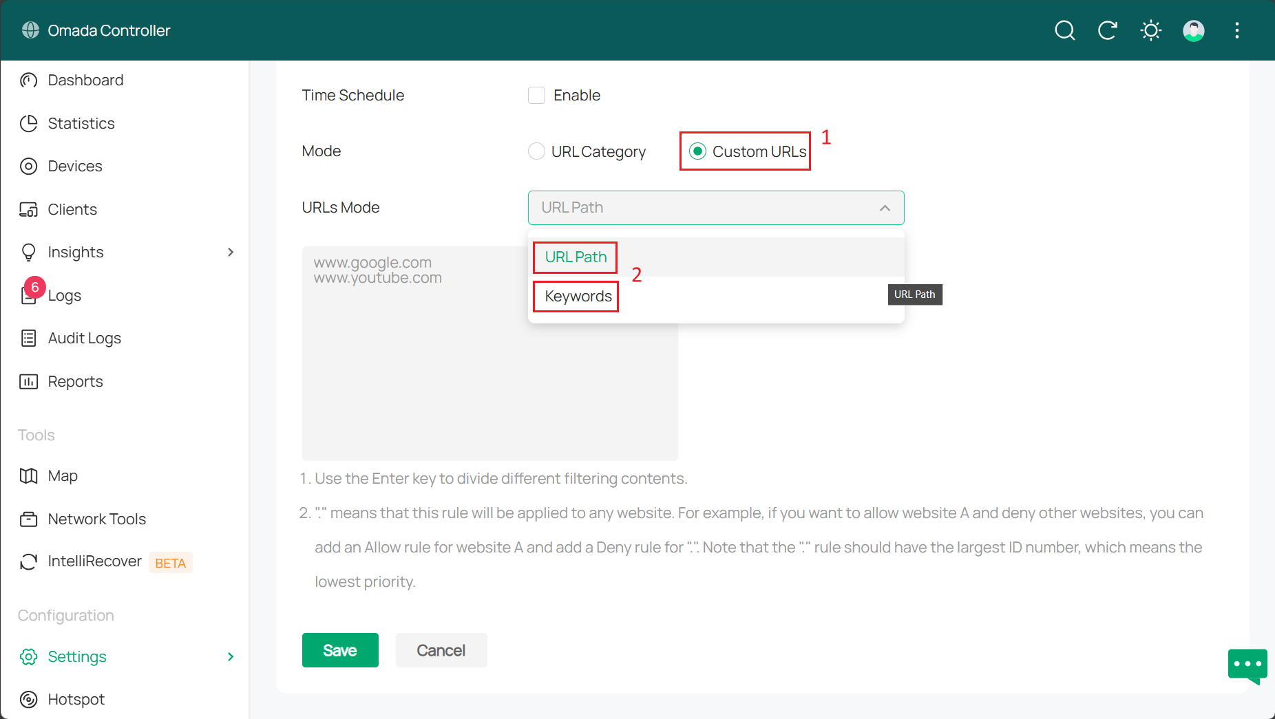 Alt text: If custom URL mode is enabled, the location where URLs are configured.