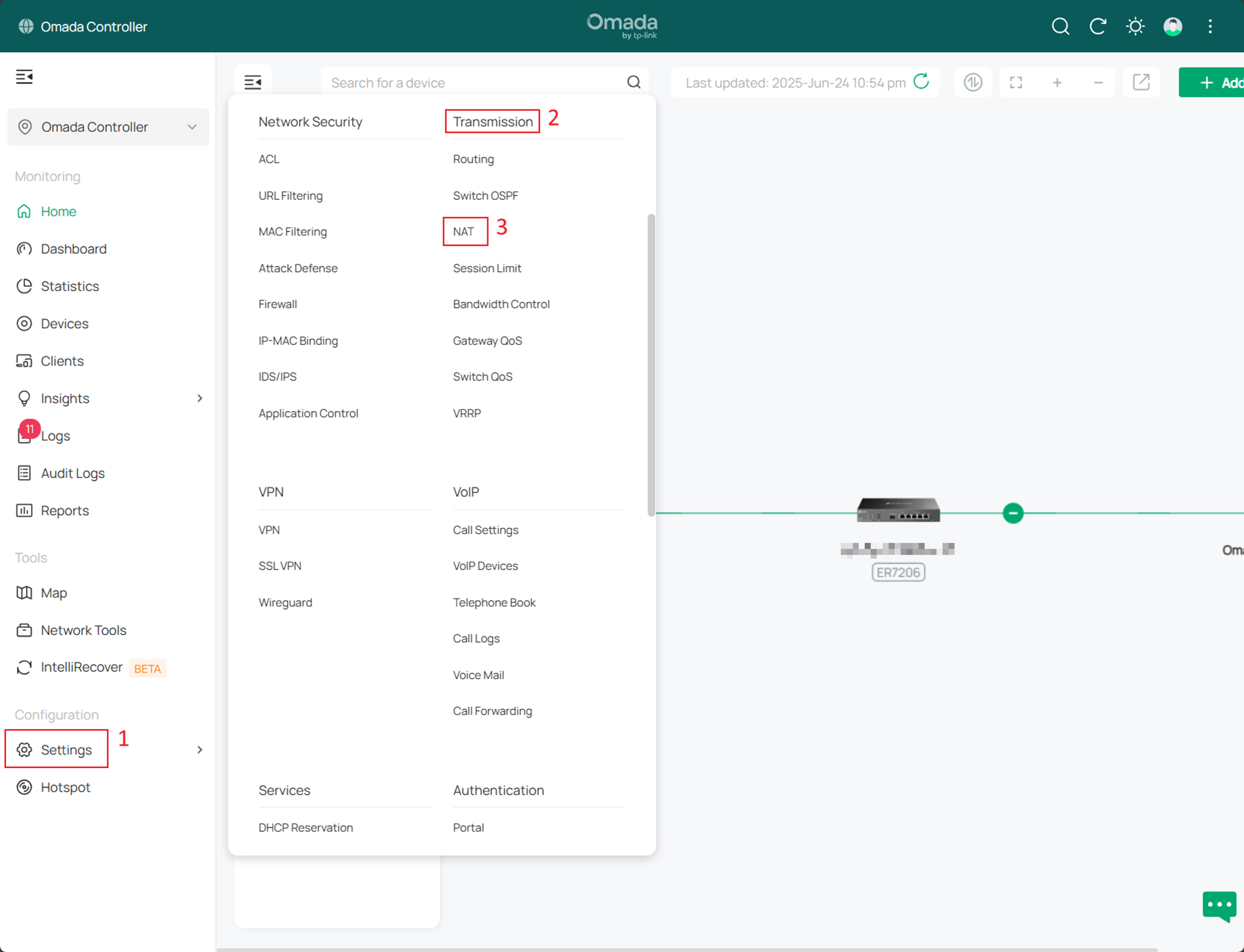 Alt text: In the site view, click Settings, and locate the NAT option under Transmission.