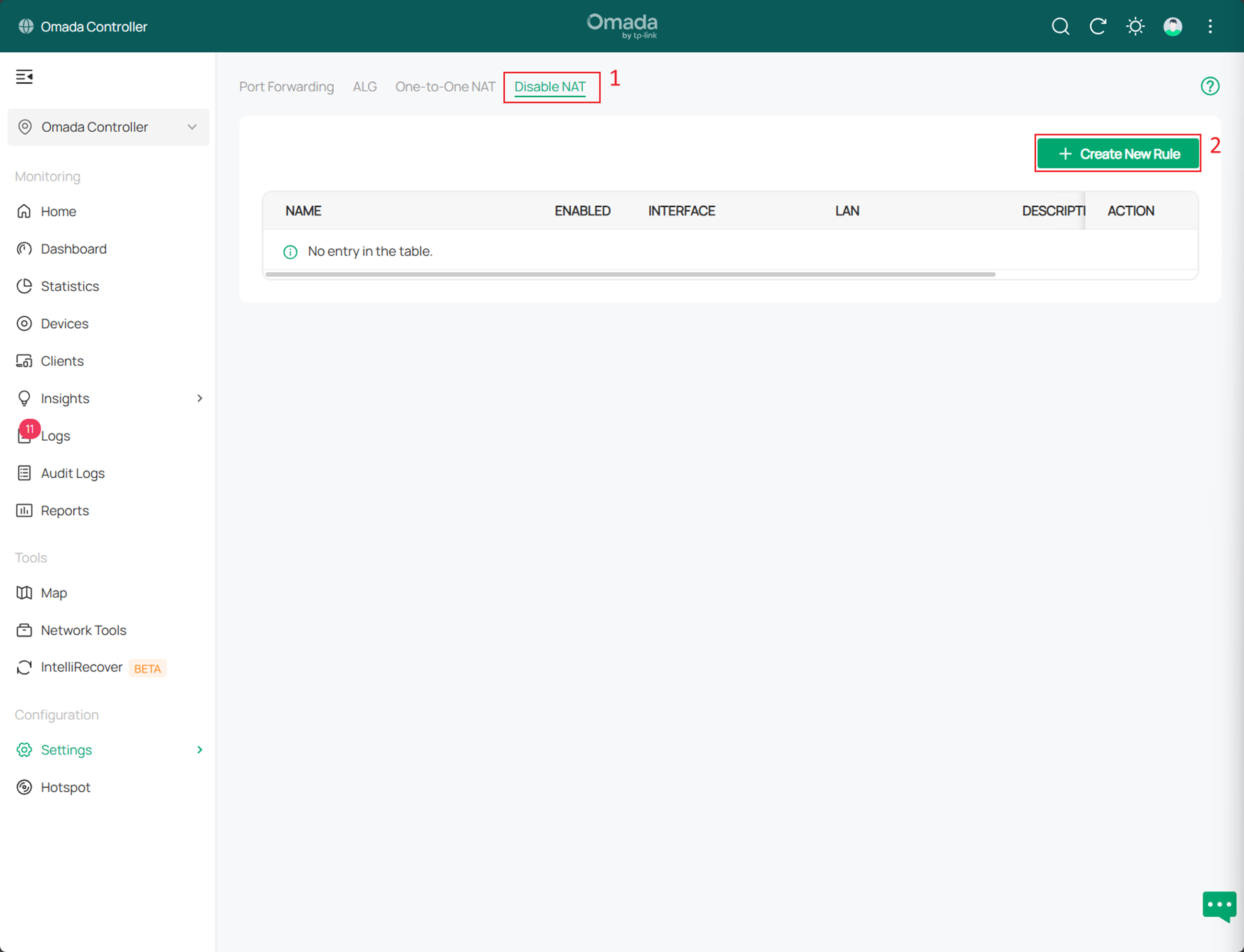 Alt text: Select the Disable NAT tab and click Create New Rule to create an entry.