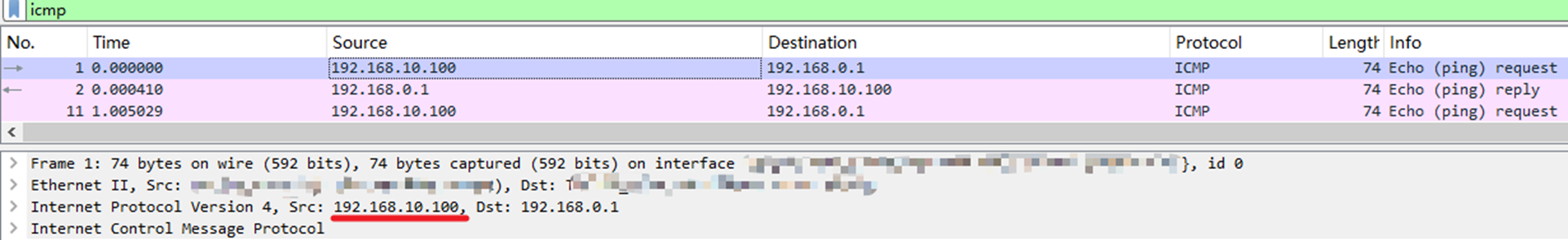 Alt text: In the Wireshark packet capture, the source IP address of the packet is displayed as 192.168.10.100.