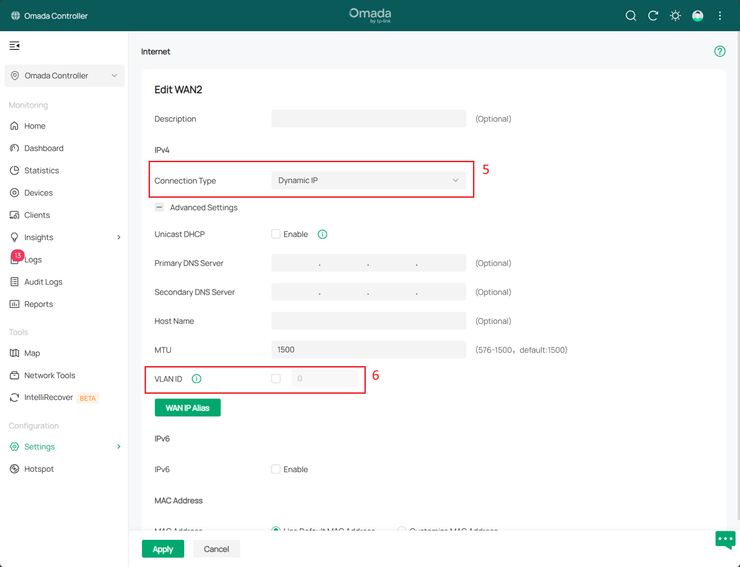 Alt text: Connection type and VLAN ID configuration