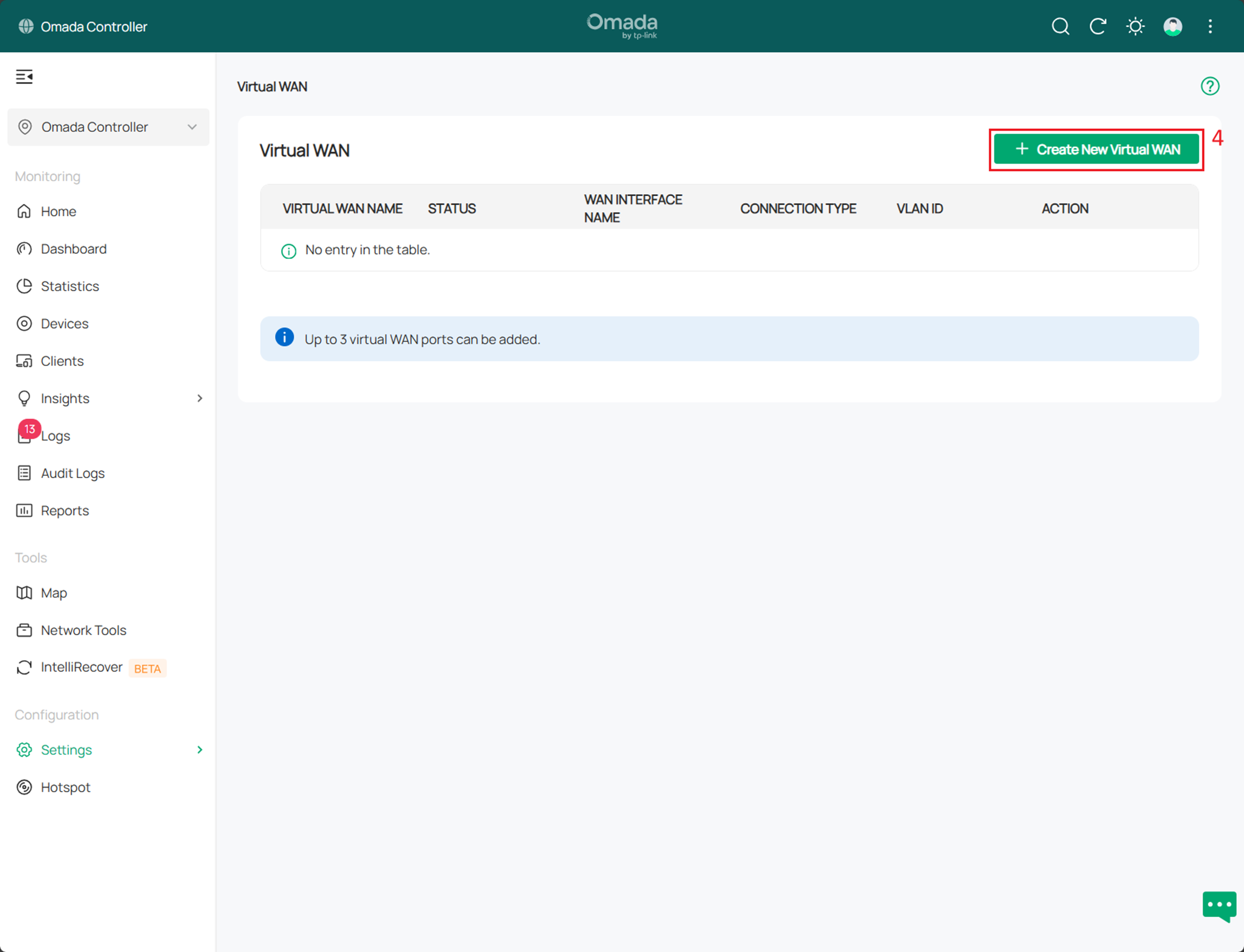 Alt text: click the Create New Virtual WAN button to do so