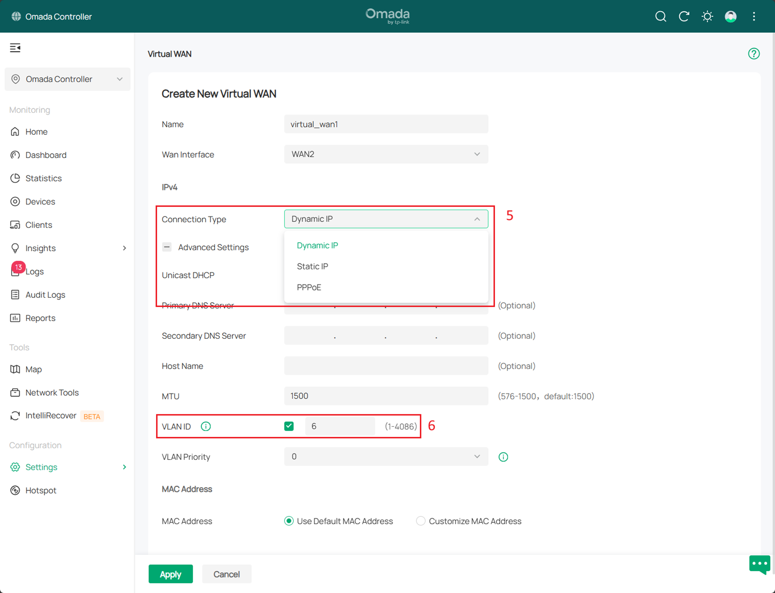 alt text: specify the connection type and VLAN ID of virtual WAN