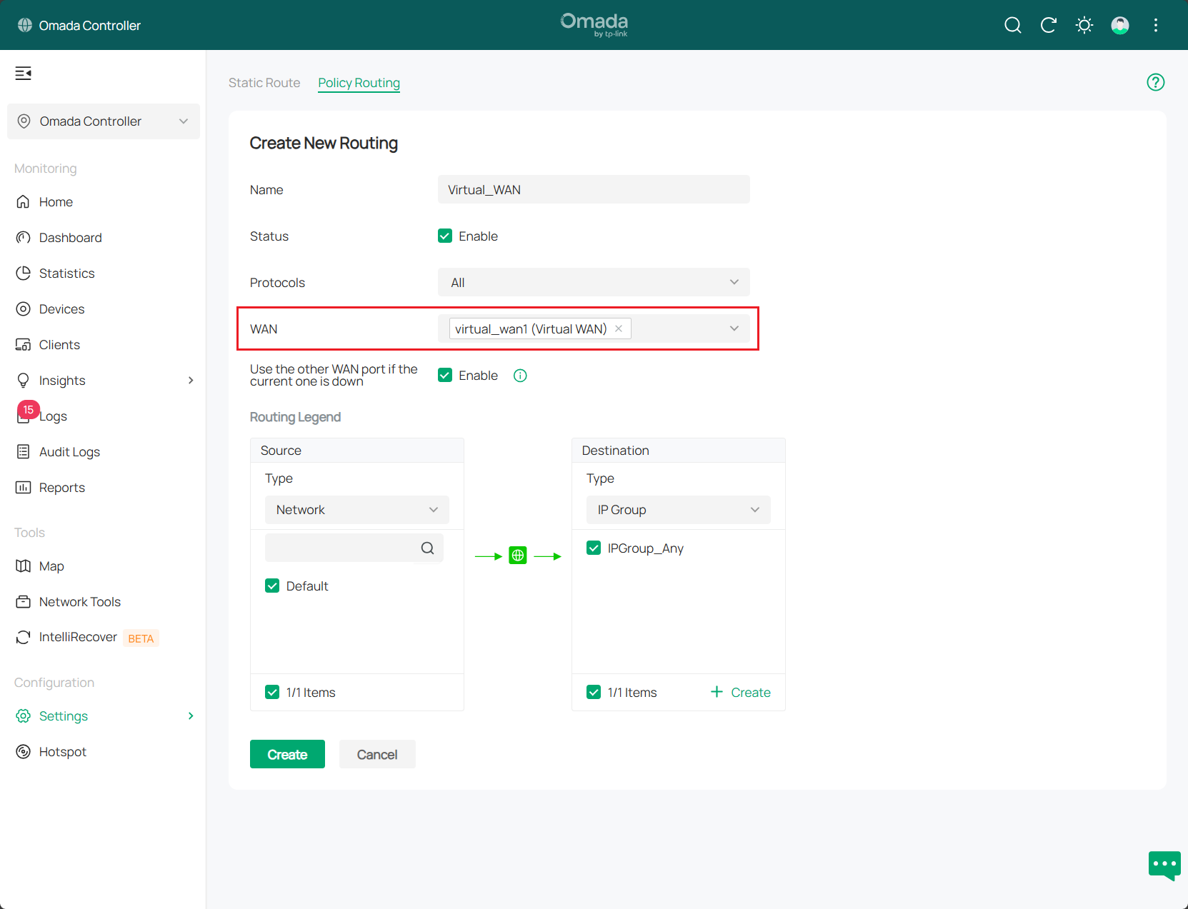 alt text: select virtual WAN in policy routing