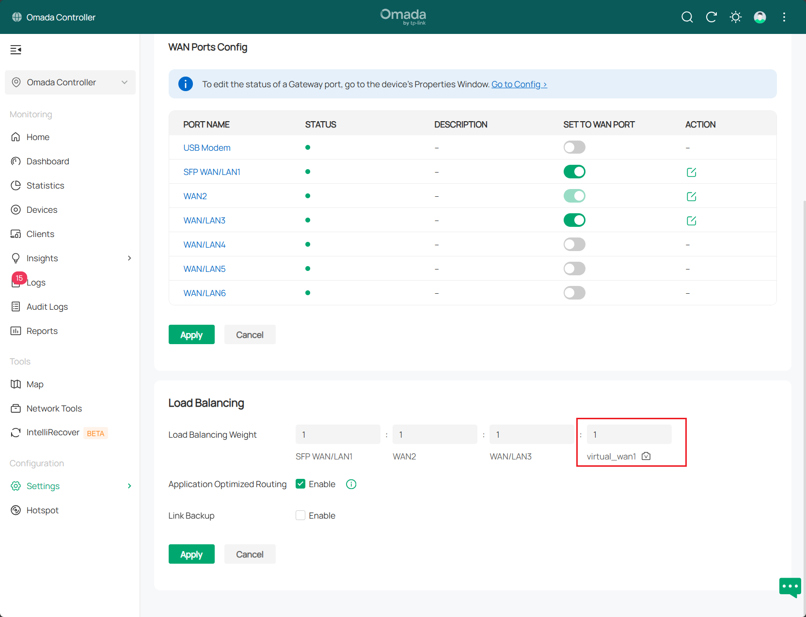 alt text: display the weight of virtual WAN in load balancing routing page