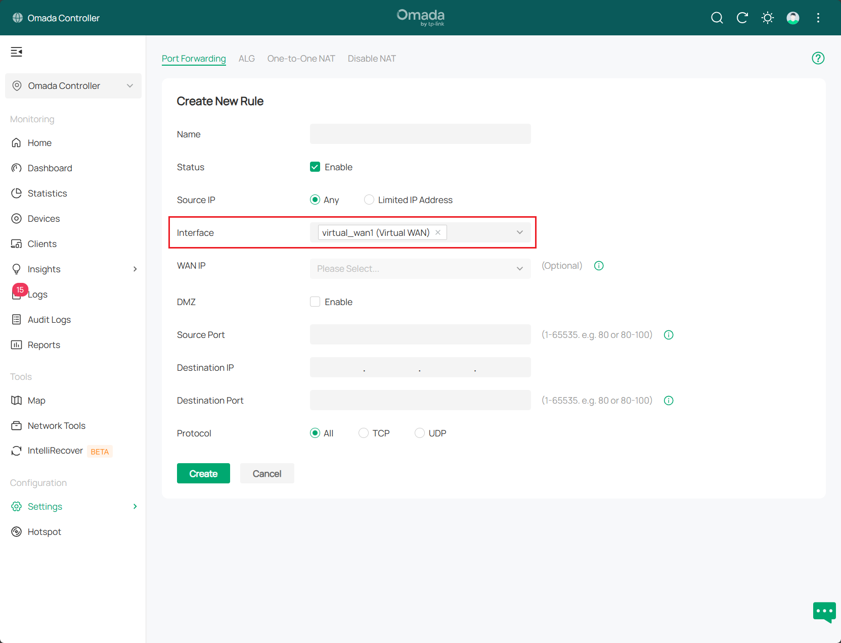 alt text: select virtual WAN interface in port forwarding configuration