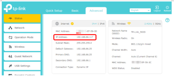 Internet IP Address on "Advanced-Status" page.