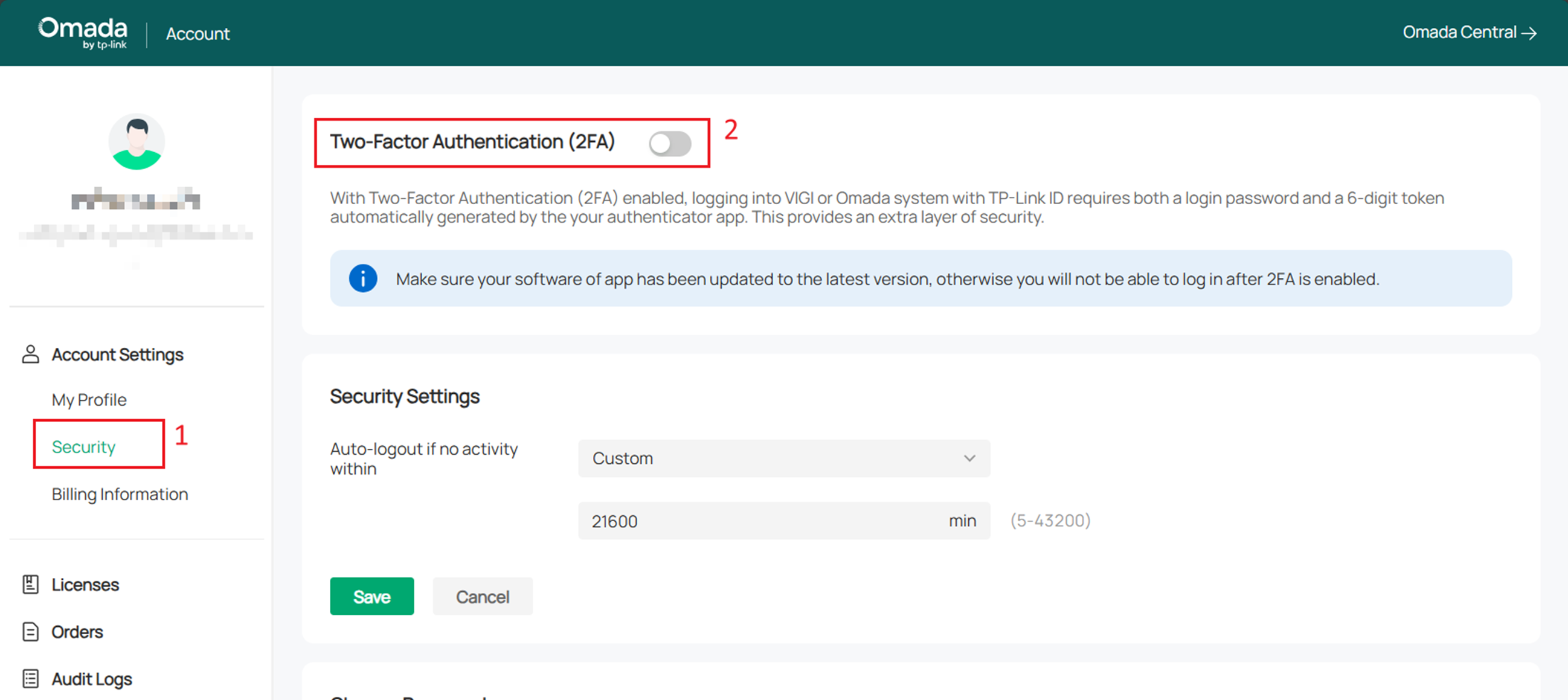 Alt text: the button to enable Two-Factor Authentication feature.