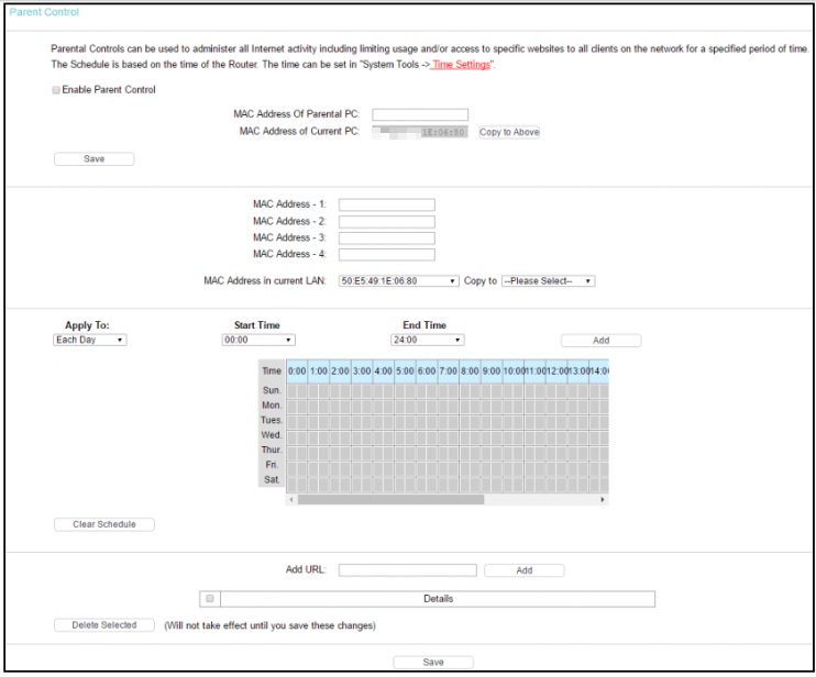 Parental Control settings page.