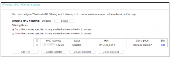 Wireless MAC Filtering page.