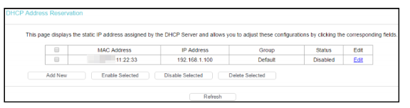 DHCP Address Reservation page.