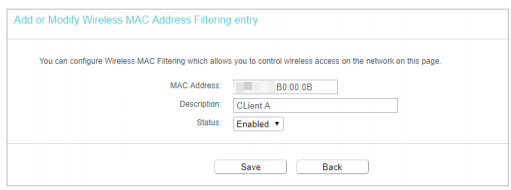 Add new Wireless MAC Address Filtering entry.