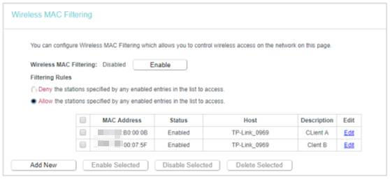 Configured filtering rules.