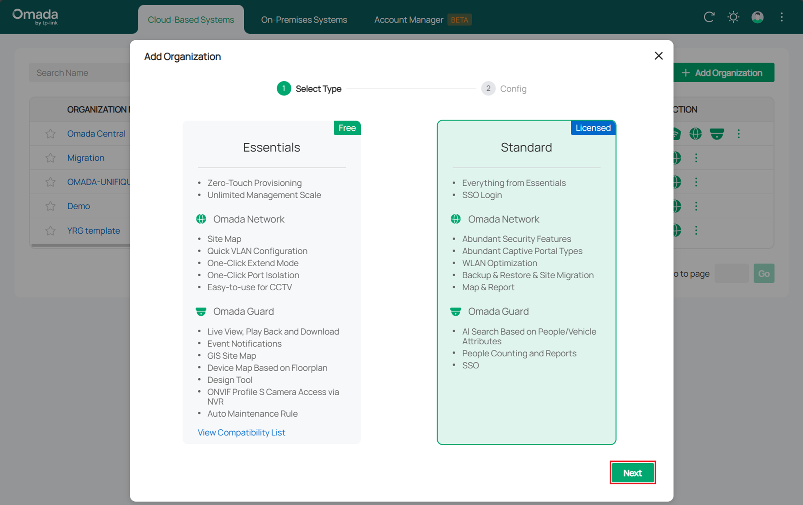 Alt text: two options, essentails and standard