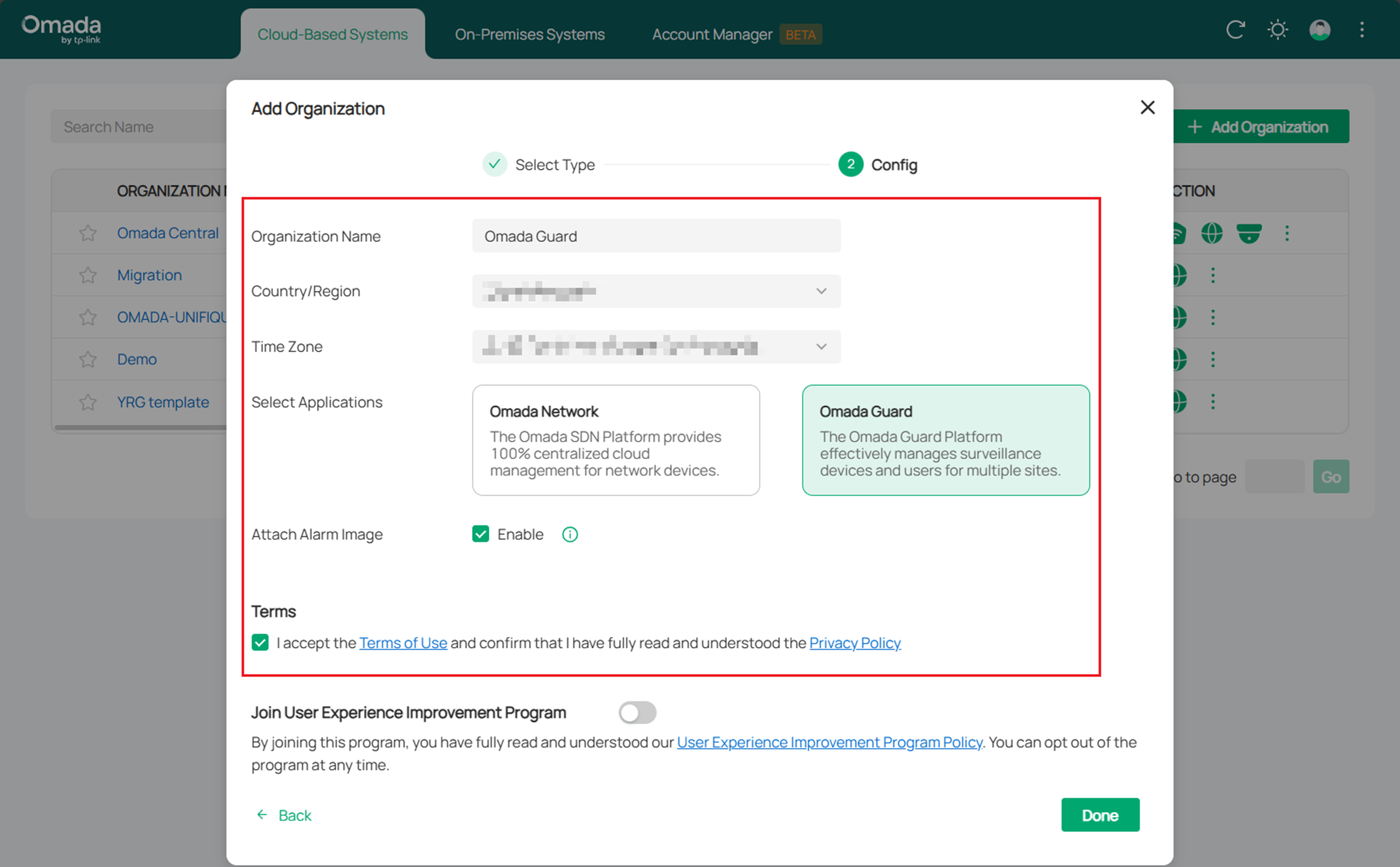 Alt text: specify name of organization, country/region, time zone, applications.