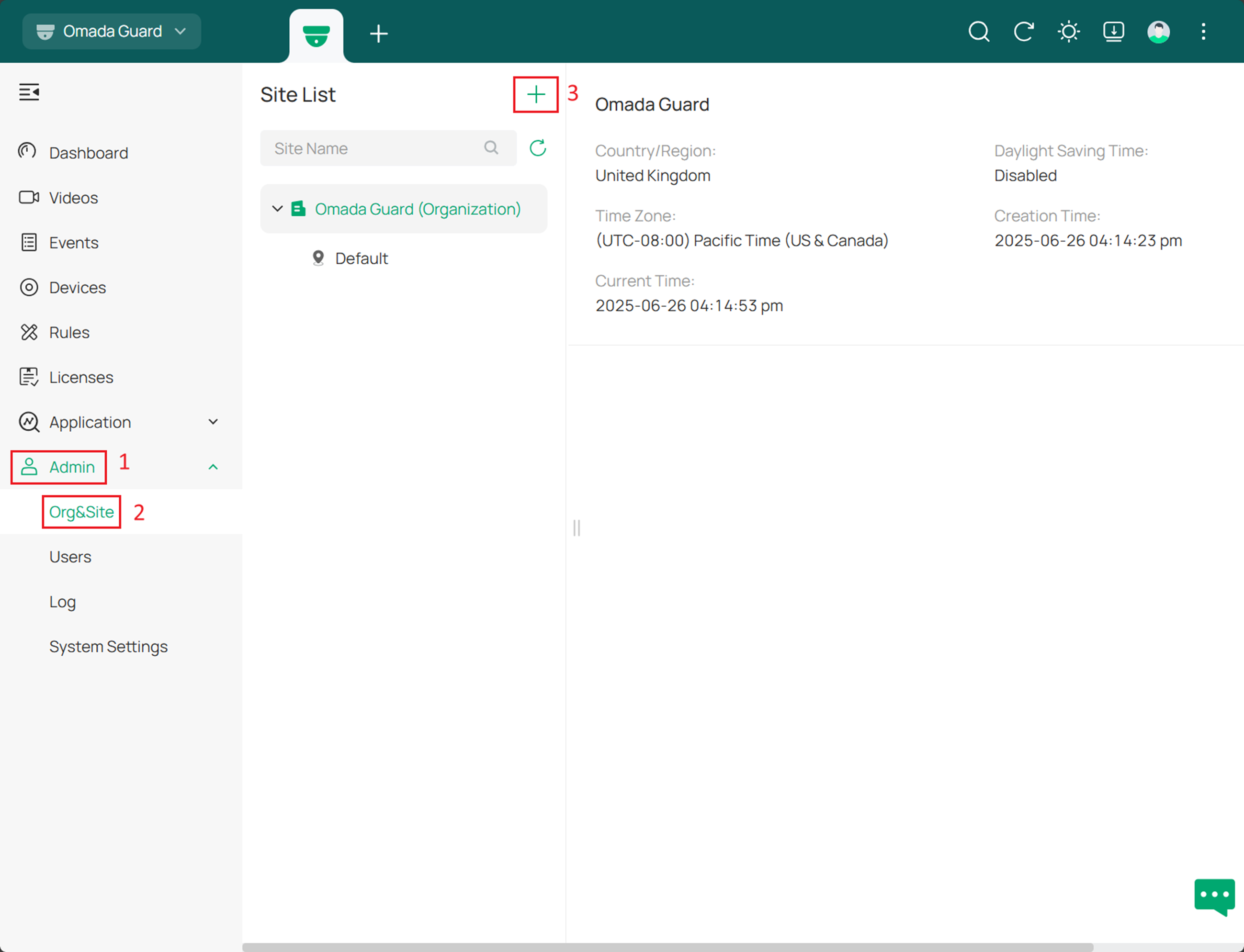 Alt text: display the path to add an organization and site.