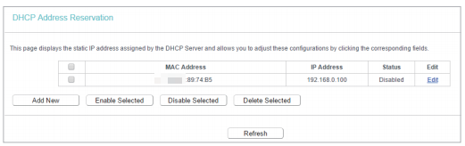 DHCP Address Reservation page.