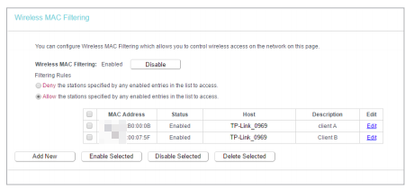 Wireless MAC Filtering page.