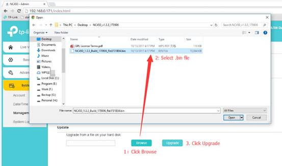 Import bin file to upgrade.